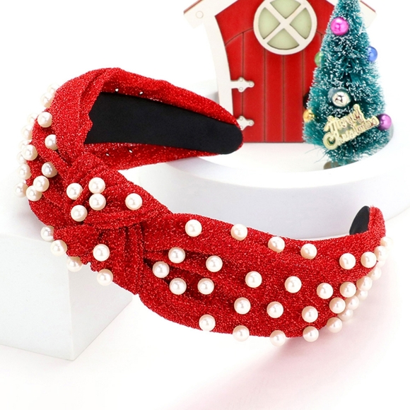 Red Shimmering Glitter Pearl Holiday Christmas Headband Headpiece - Picture 1 of 3